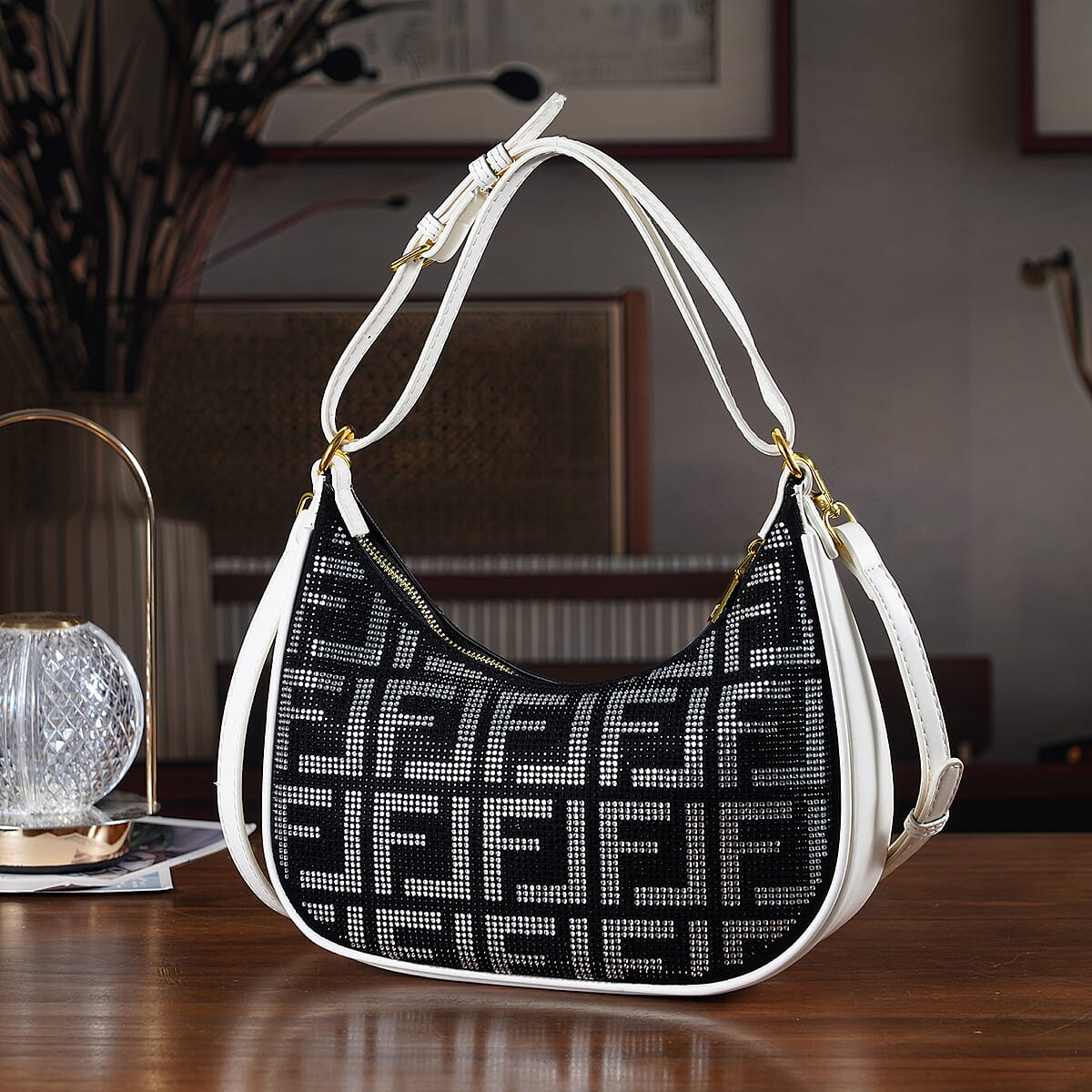 Warehouse Blowout Deal La Marey Beige Faux Leather and Rhinestone Crossbody Bag with Shoulder Strap image number 1