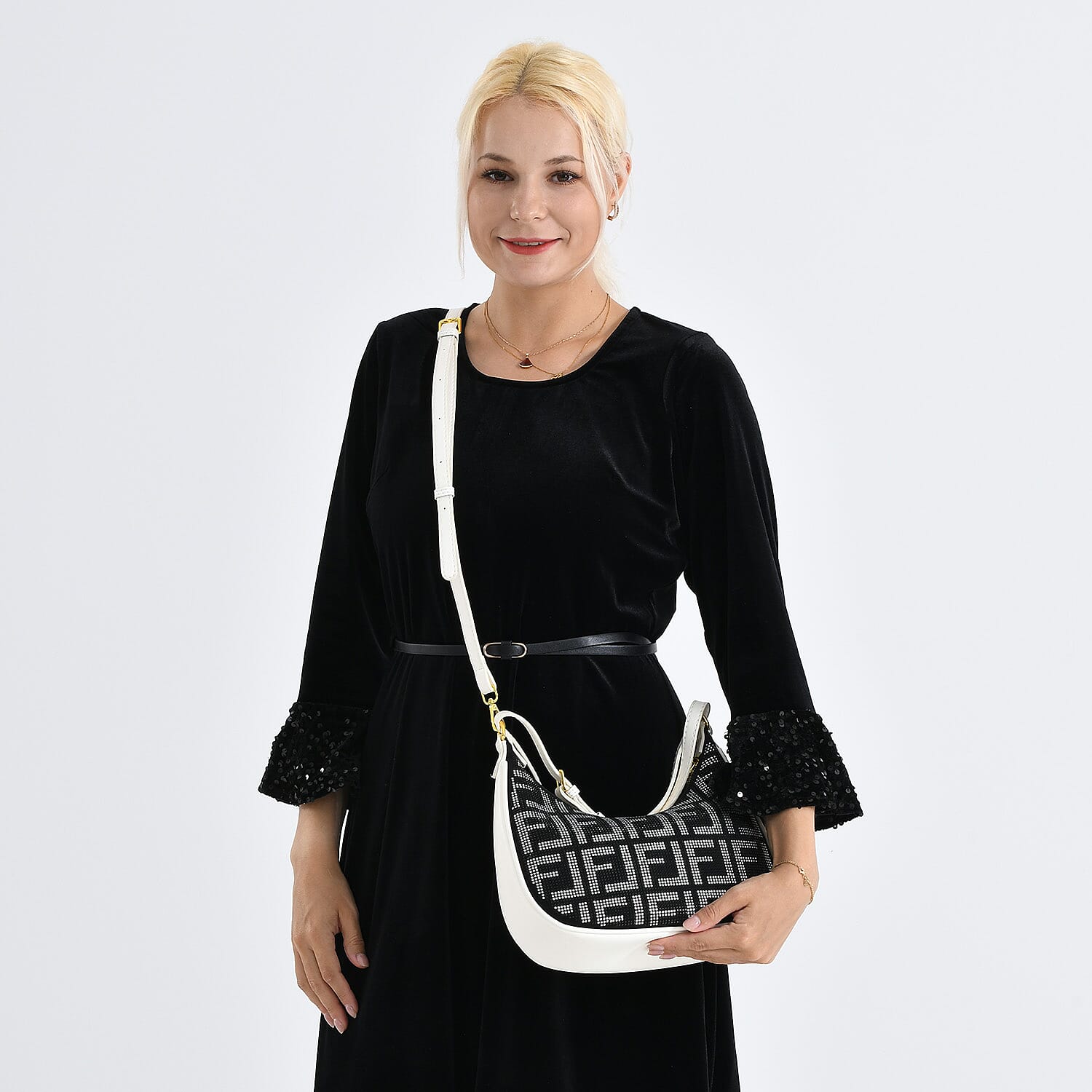 Warehouse Blowout Deal La Marey Beige Faux Leather and Rhinestone Crossbody Bag with Shoulder Strap