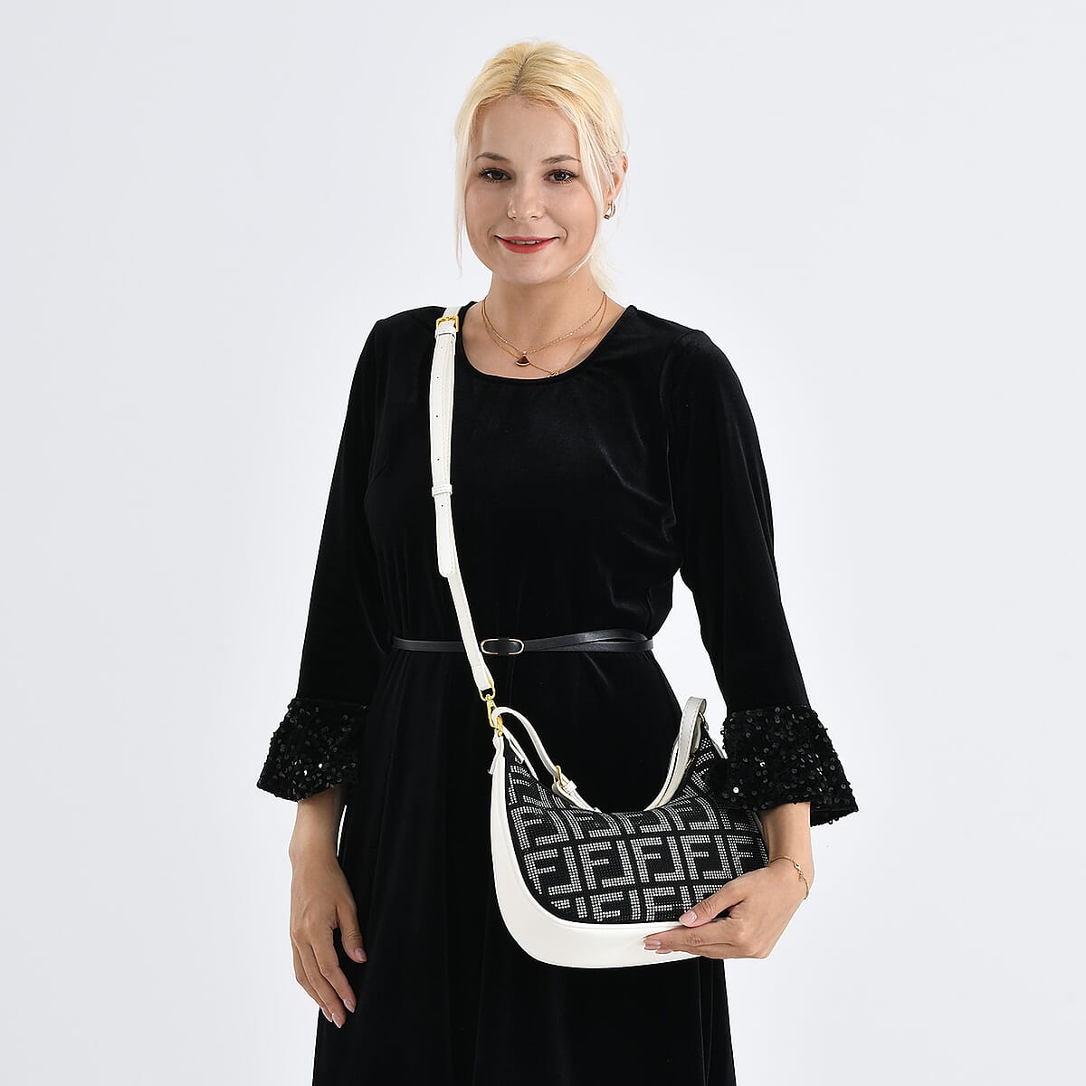 Warehouse Blowout Deal La Marey Beige Faux Leather and Rhinestone Crossbody Bag with Shoulder Strap image number 2