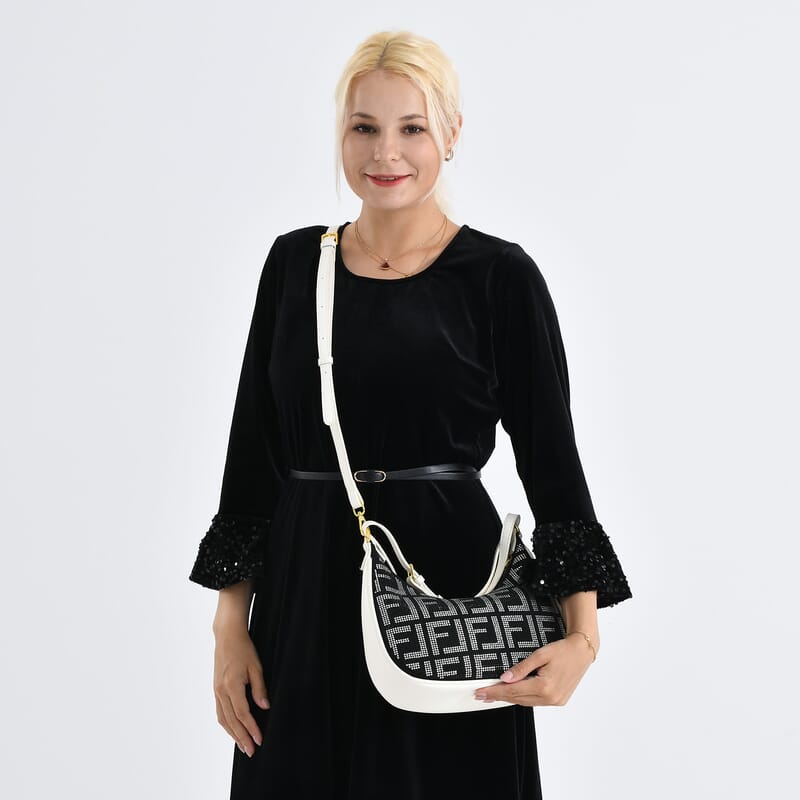 La Marey Beige Faux Leather and Rhinestone Crossbody Bag with Shoulder Strap