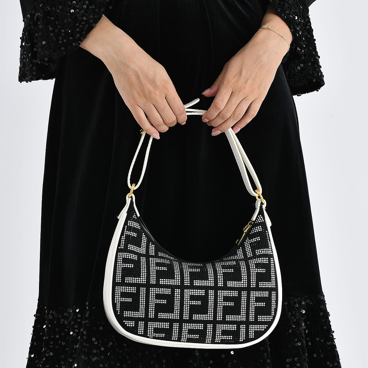 Warehouse Blowout Deal La Marey Beige Faux Leather and Rhinestone Crossbody Bag with Shoulder Strap image number 3