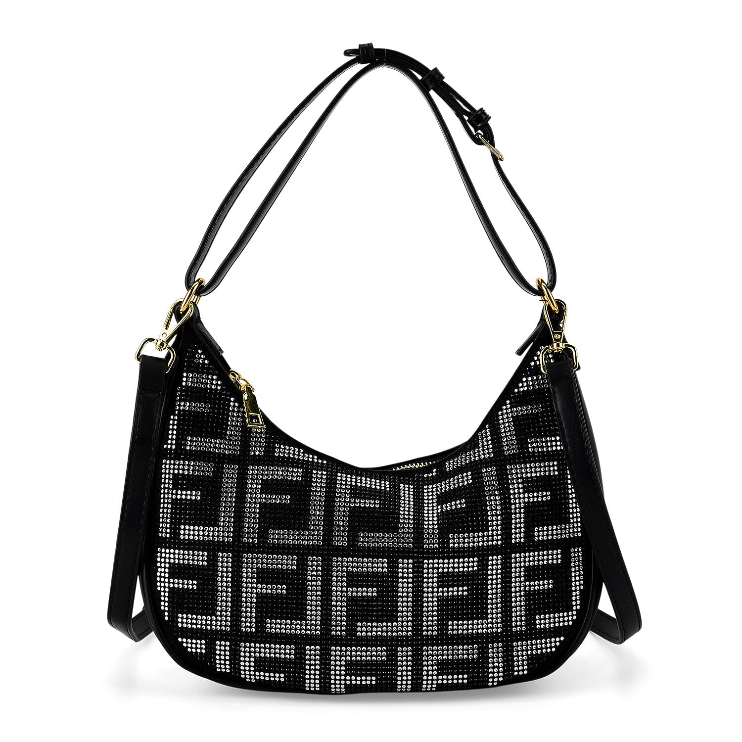 Warehouse Blowout Deal La Marey Black Faux Leather and Rhinestone Crossbody Bag with Shoulder Strap