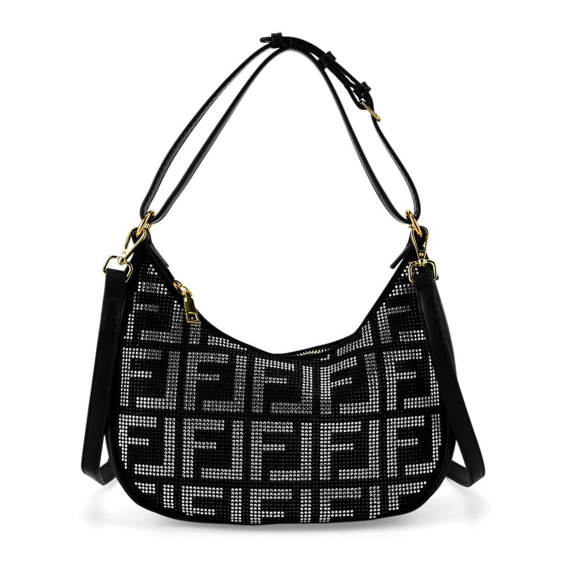 La Marey Black Faux Leather and Rhinestone Crossbody Bag with Shoulder Strap