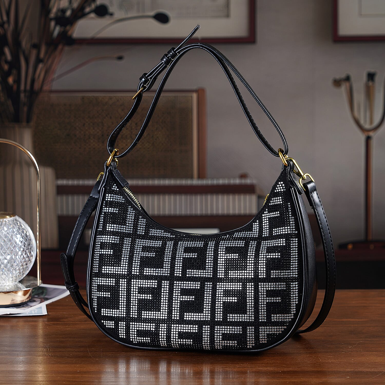 Warehouse Blowout Deal La Marey Black Faux Leather and Rhinestone Crossbody Bag with Shoulder Strap