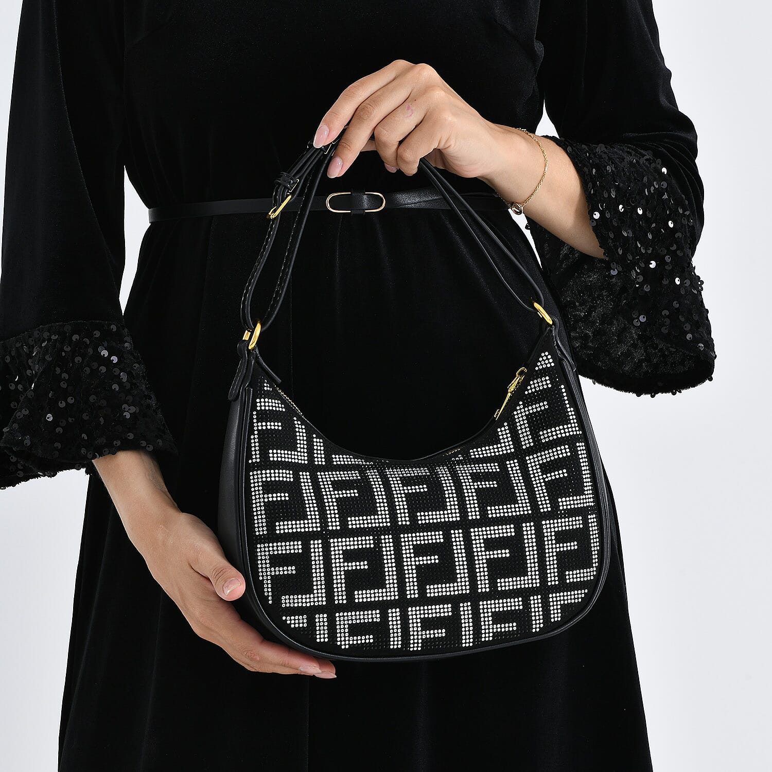 Warehouse Blowout Deal La Marey Black Faux Leather and Rhinestone Crossbody Bag with Shoulder Strap