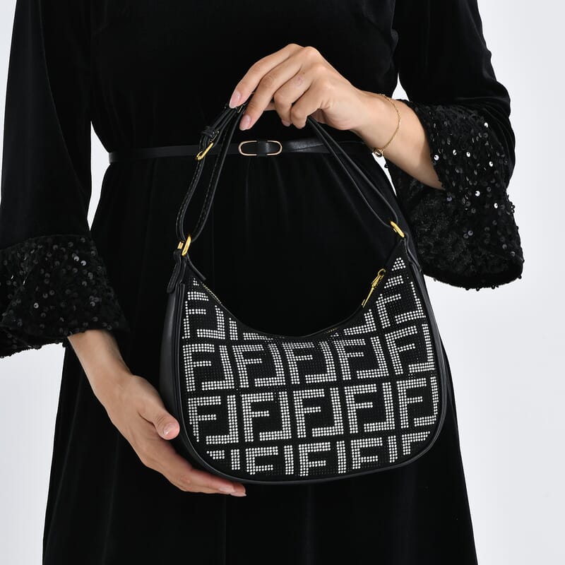 La Marey Black Faux Leather and Rhinestone Crossbody Bag with Shoulder Strap
