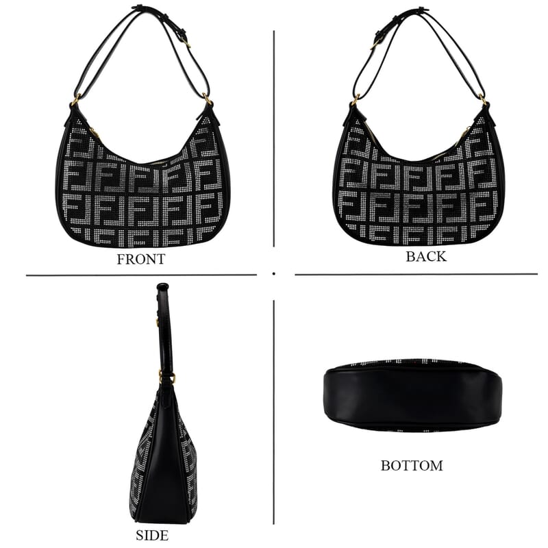 La Marey Black Faux Leather and Rhinestone Crossbody Bag with Shoulder Strap