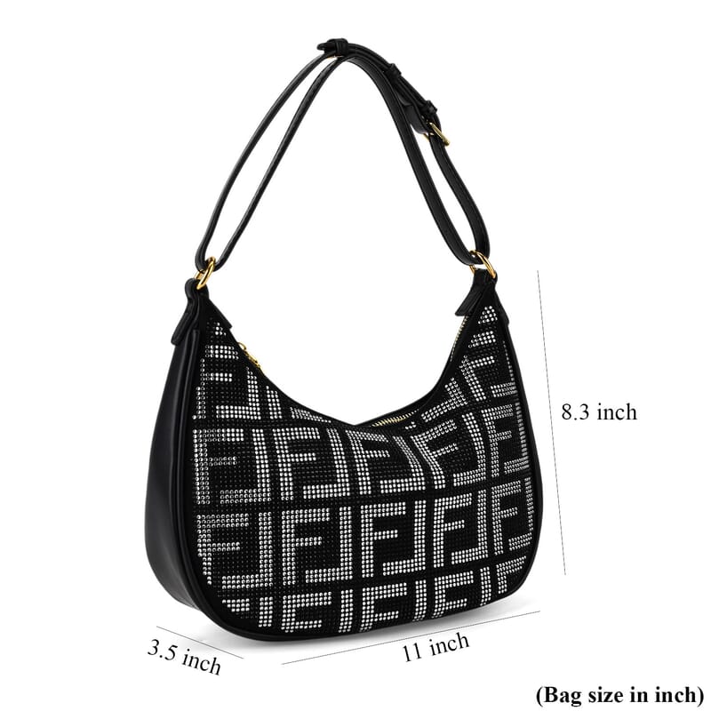 La Marey Black Faux Leather and Rhinestone Crossbody Bag with Shoulder Strap