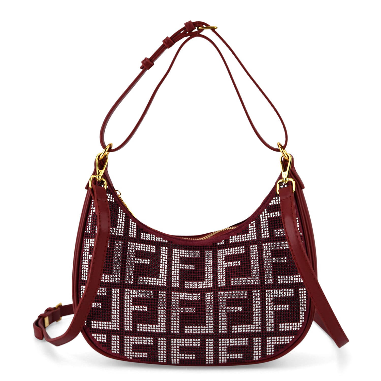Warehouse Blowout Deal La Marey Burgundy Faux Leather and Rhinestone Crossbody Bag with Shoulder Strap