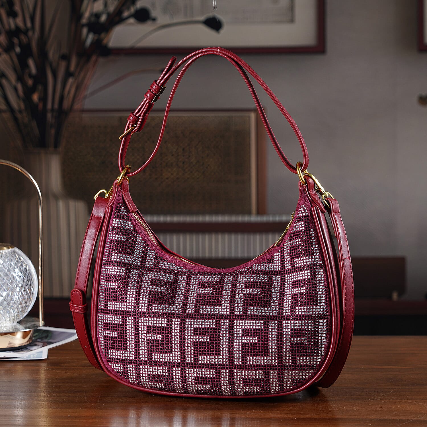 Warehouse Blowout Deal La Marey Burgundy Faux Leather and Rhinestone Crossbody Bag with Shoulder Strap
