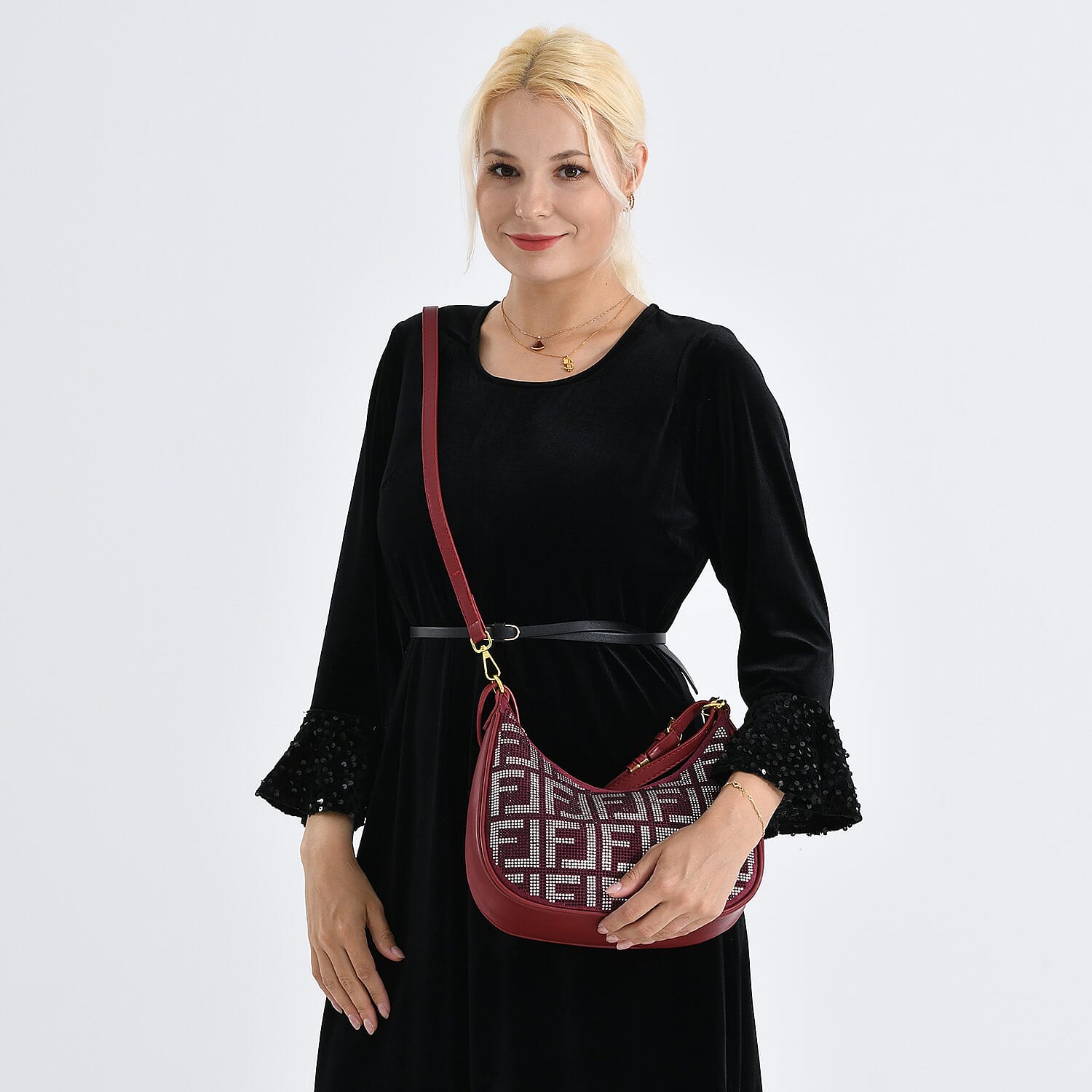 Warehouse Blowout Deal La Marey Burgundy Faux Leather and Rhinestone Crossbody Bag with Shoulder Strap