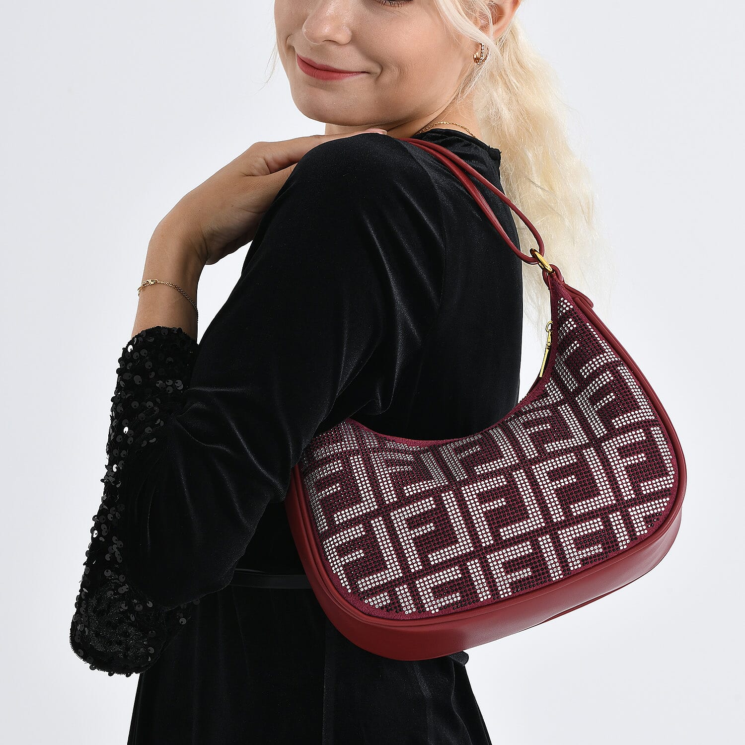 Warehouse Blowout Deal La Marey Burgundy Faux Leather and Rhinestone Crossbody Bag with Shoulder Strap