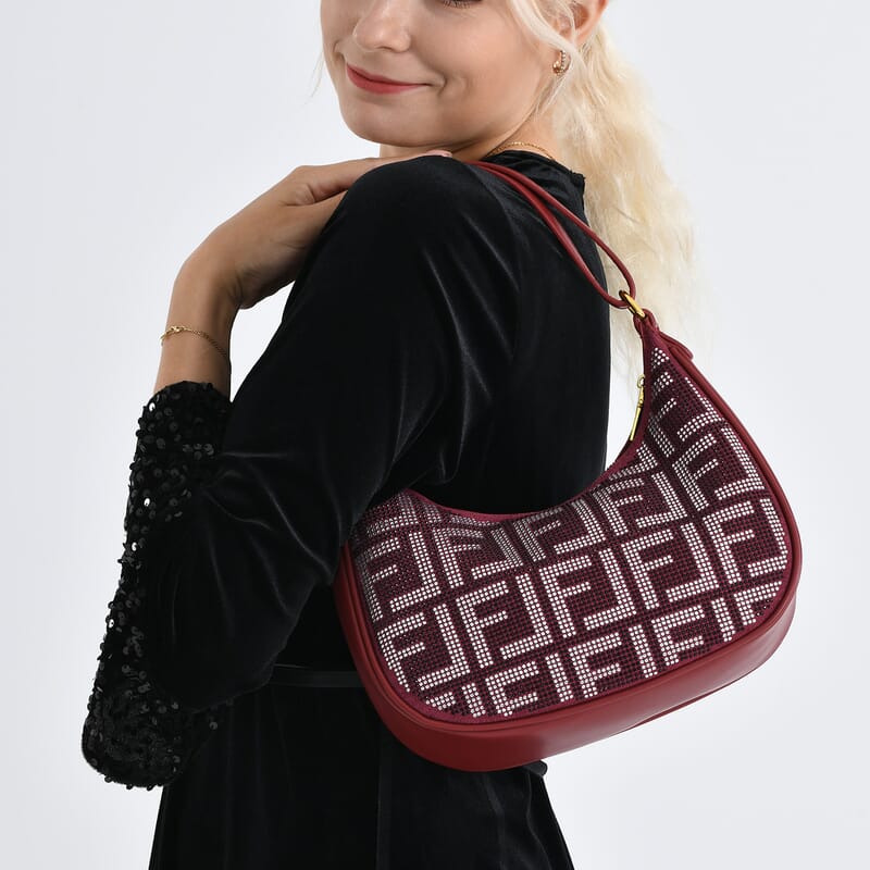 La Marey Burgundy Faux Leather and Rhinestone Crossbody Bag with Shoulder Strap