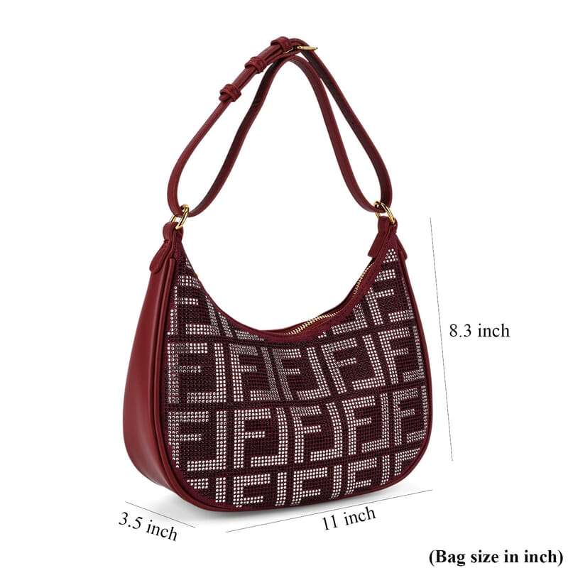 La Marey Burgundy Faux Leather and Rhinestone Crossbody Bag with Shoulder Strap