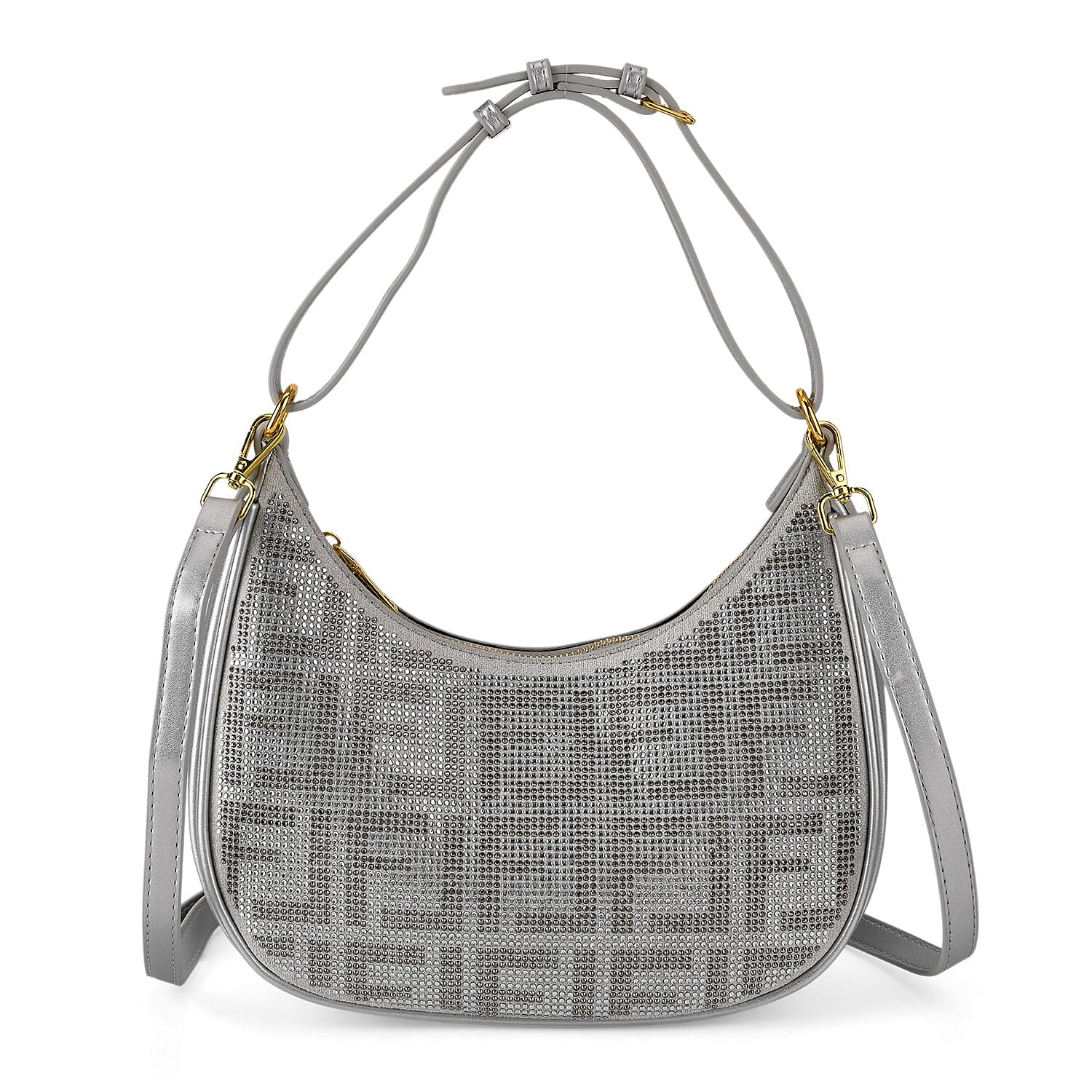 Warehouse Blowout Deal La Marey Silver Faux Leather and Rhinestone Crossbody Bag with Shoulder Strap