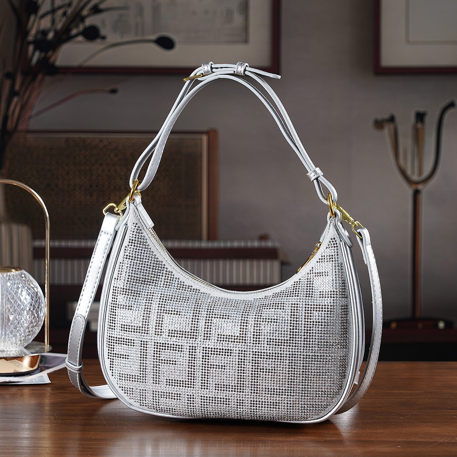 Warehouse Blowout Deal La Marey Silver Faux Leather and Rhinestone Crossbody Bag with Shoulder Strap