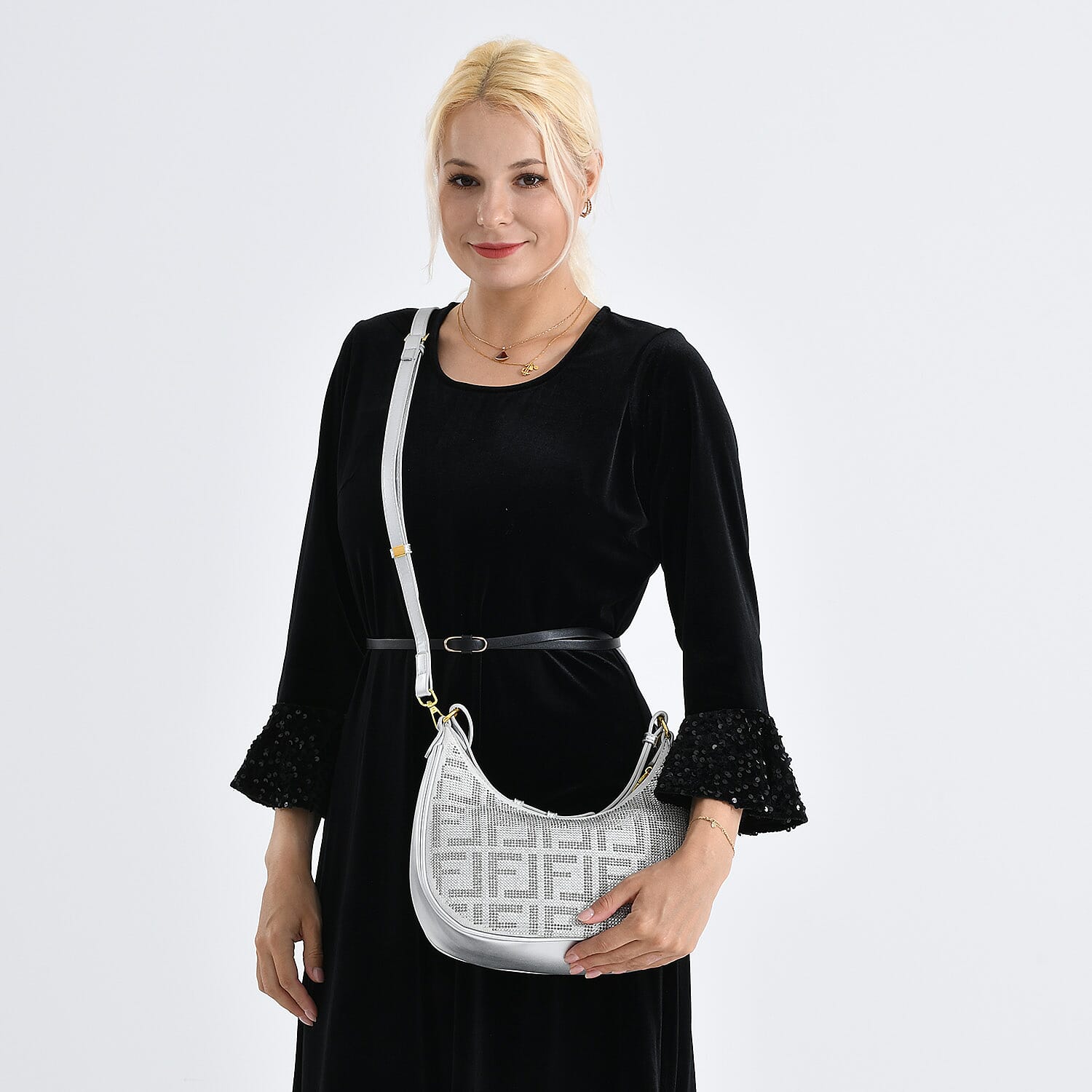 Warehouse Blowout Deal La Marey Silver Faux Leather and Rhinestone Crossbody Bag with Shoulder Strap