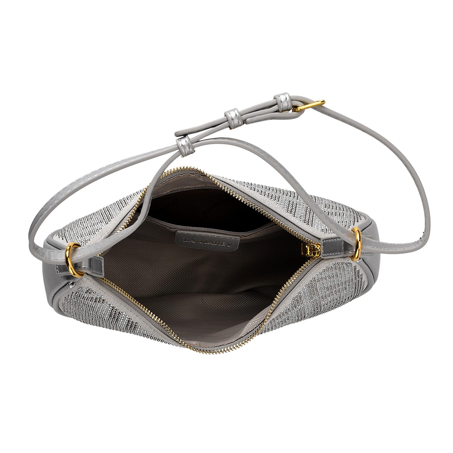 Warehouse Blowout Deal La Marey Silver Faux Leather and Rhinestone Crossbody Bag with Shoulder Strap
