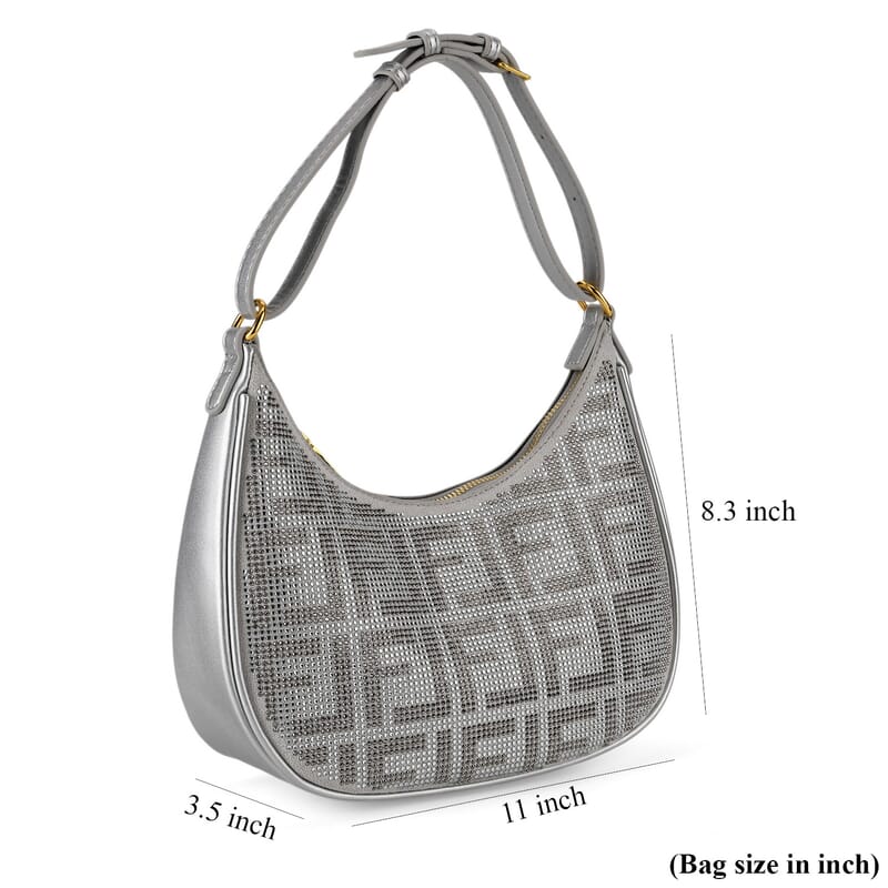 La Marey Silver Faux Leather and Rhinestone Crossbody Bag with Shoulder Strap