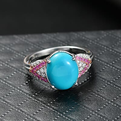 D'Joy Sleeping Beauty Turquoise and Multi Gemstone 3.10 ctw Royal Arch Spectrum Ring in Rhodium Over Sterling Silver (Size 9.0)