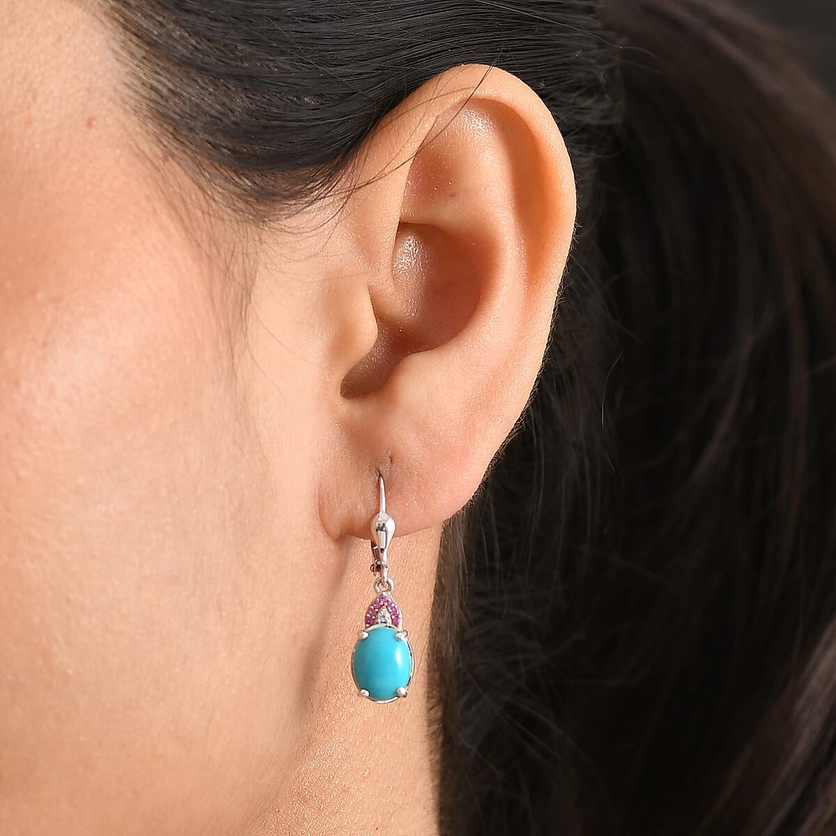 D'Joy Sleeping Beauty Turquoise and Multi Gemstone 4.15 ctw Royal Arch Spectrum Earrings in Rhodium Over Sterling Silver image number 2