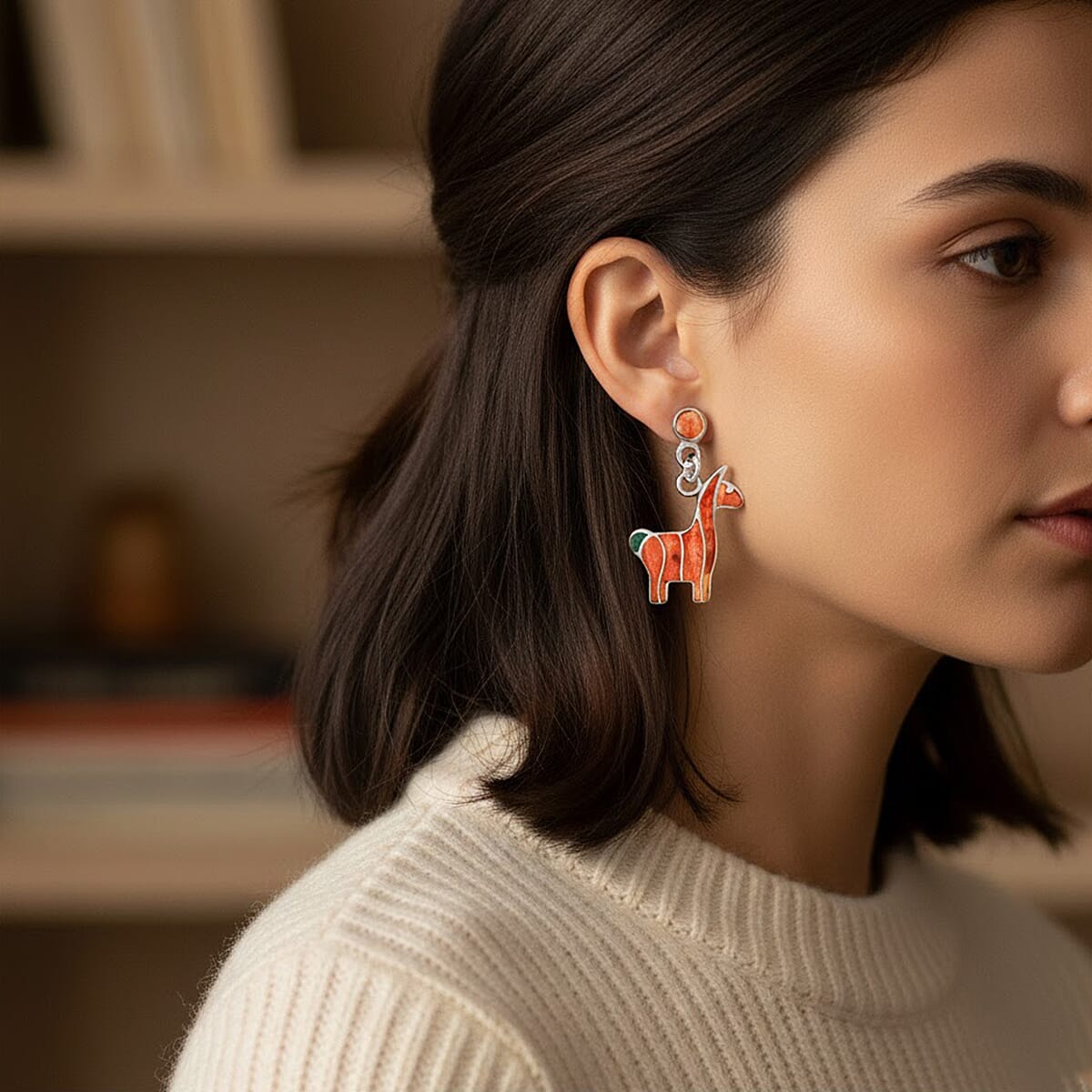 Peruvian Artistry Multi Gemstone 2.00 ctw Orange Llama Earrings in Sterling Silver image number 2