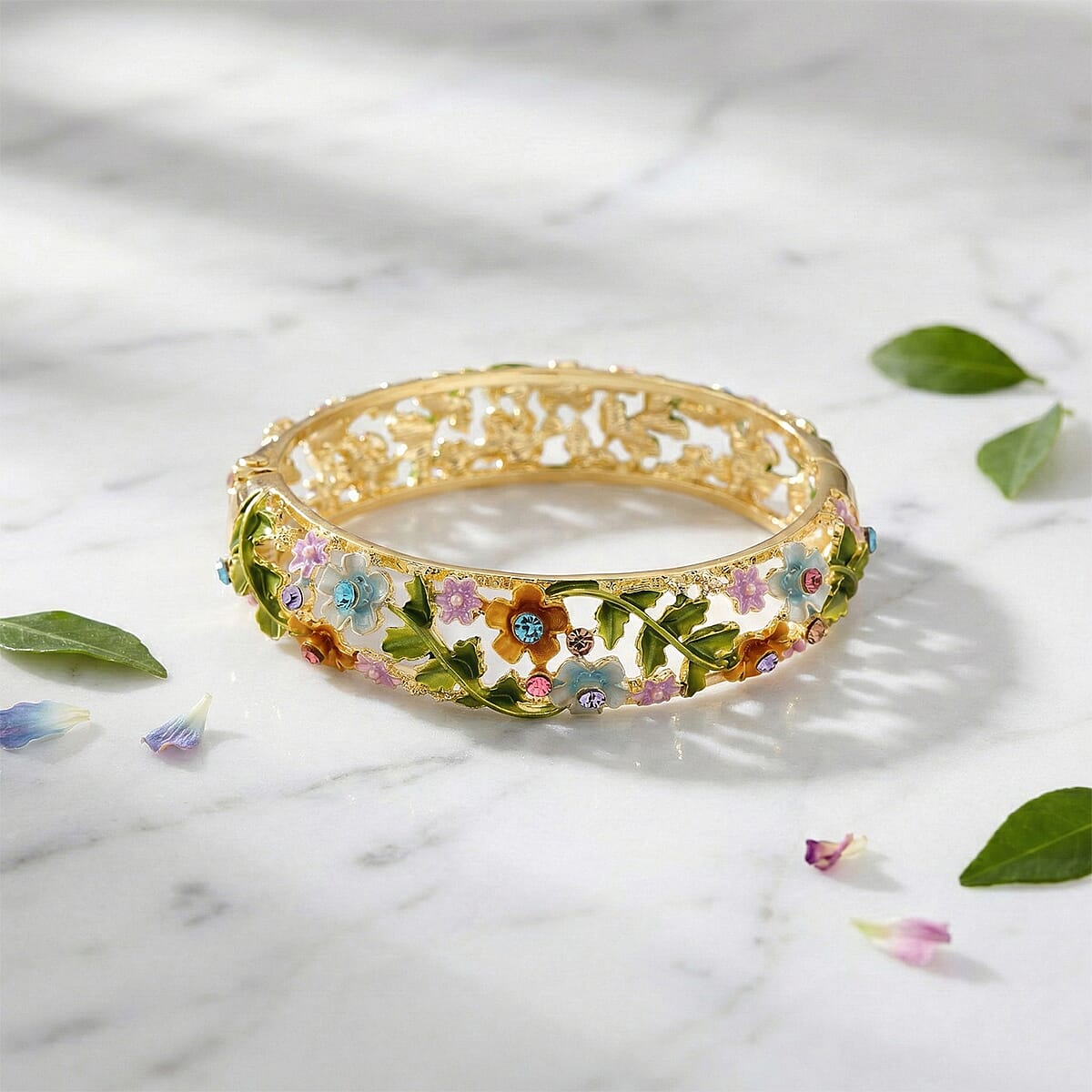 Multi Color Austrian Crystal, Multi Color Enameled Floral Bangle Bracelet in Goldtone (7-7.5In)   image number 1