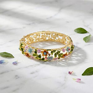 Multi Color Austrian Crystal, Multi Color Enameled Floral Bangle Bracelet in Goldtone (7-7.5In)  