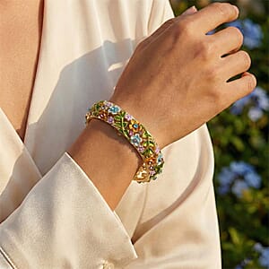 Multi Color Austrian Crystal, Multi Color Enameled Floral Bangle Bracelet in Goldtone (7-7.5In)  