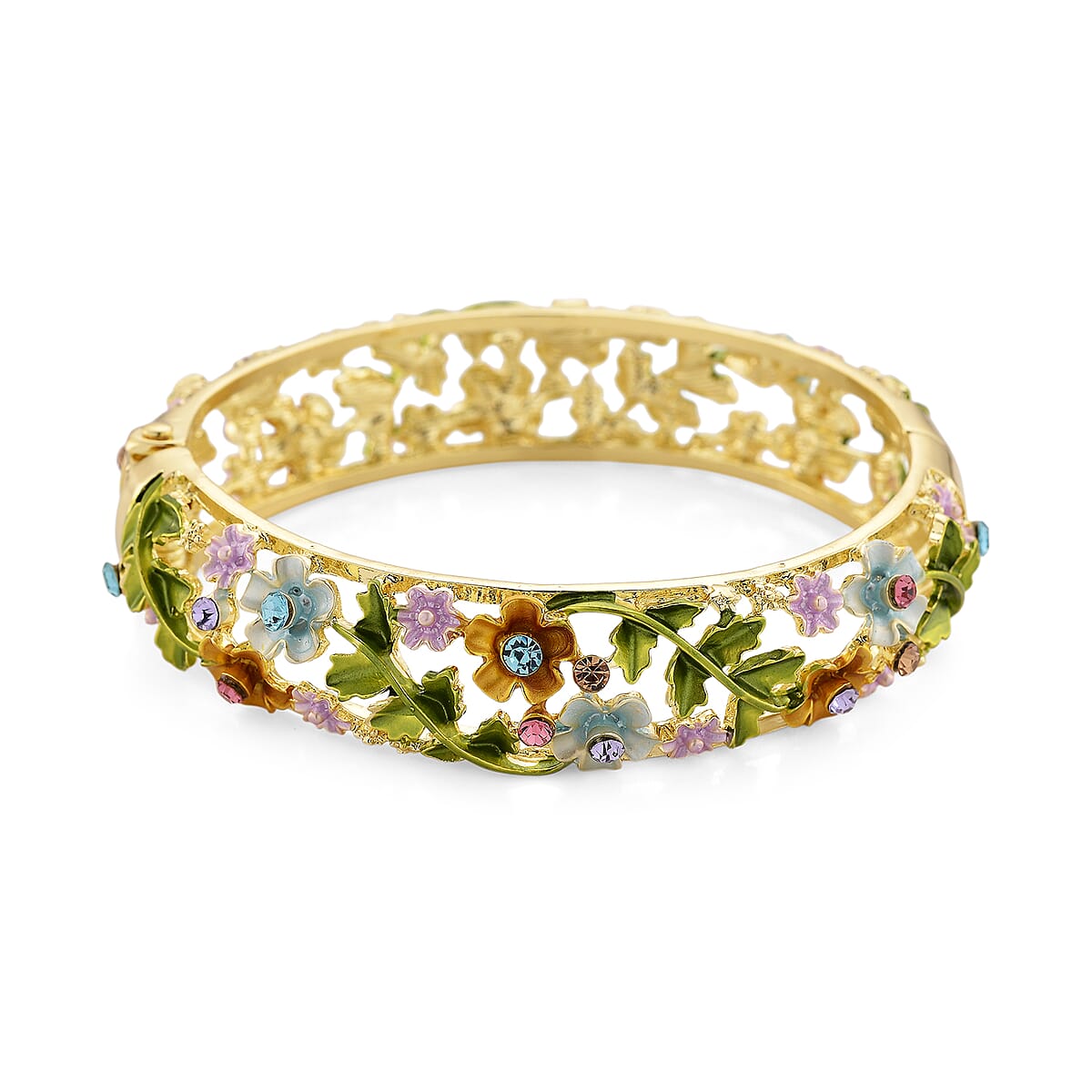Multi Color Austrian Crystal, Multi Color Enameled Floral Bangle Bracelet in Goldtone (7-7.5In)   image number 3