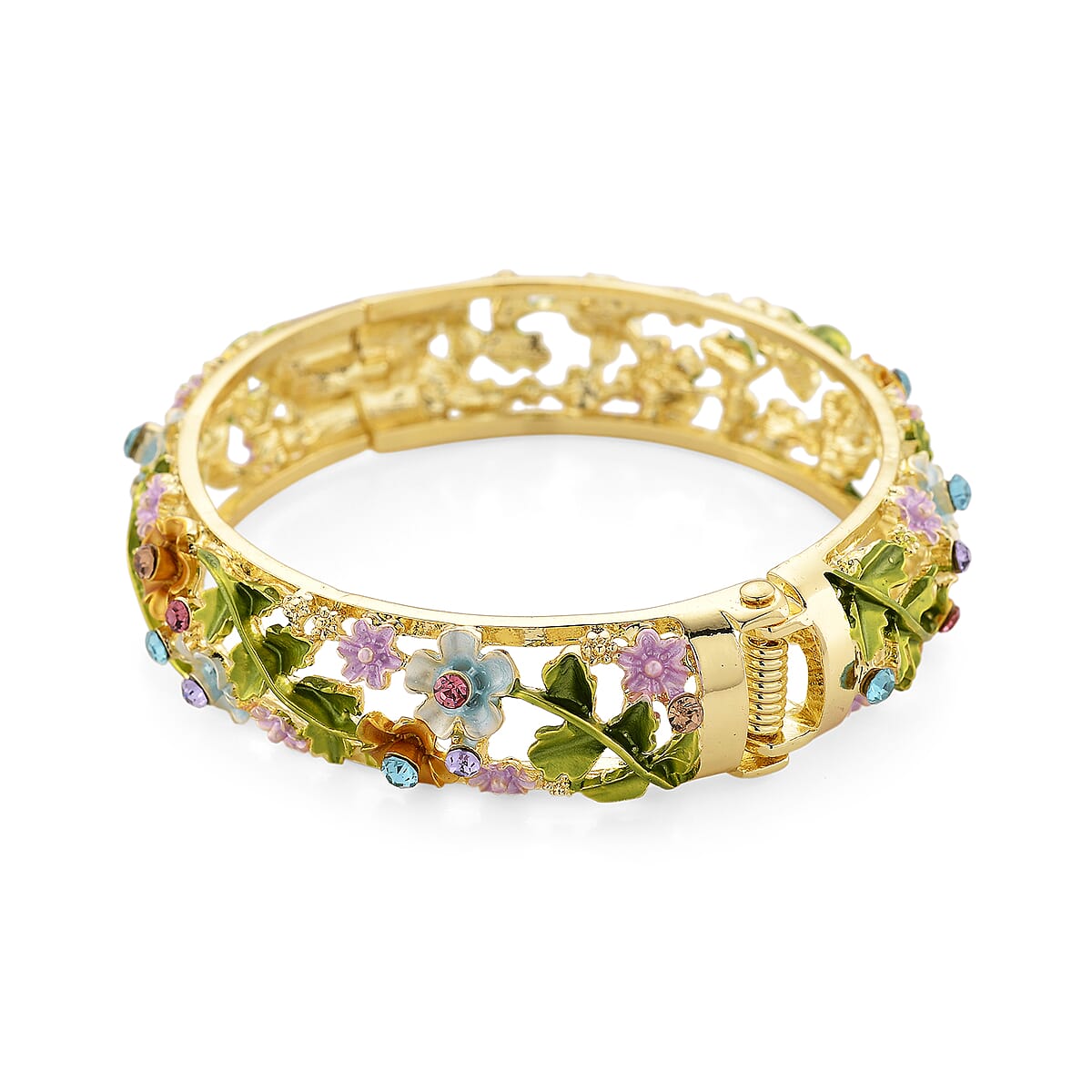 Multi Color Austrian Crystal, Multi Color Enameled Floral Bangle Bracelet in Goldtone (7-7.5In)   image number 5