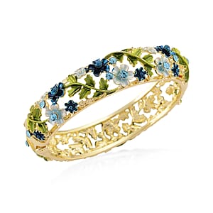 Blue Austrian Crystal, Multi Color Enameled Floral Bangle Bracelet in Goldtone (7-7.5In)  