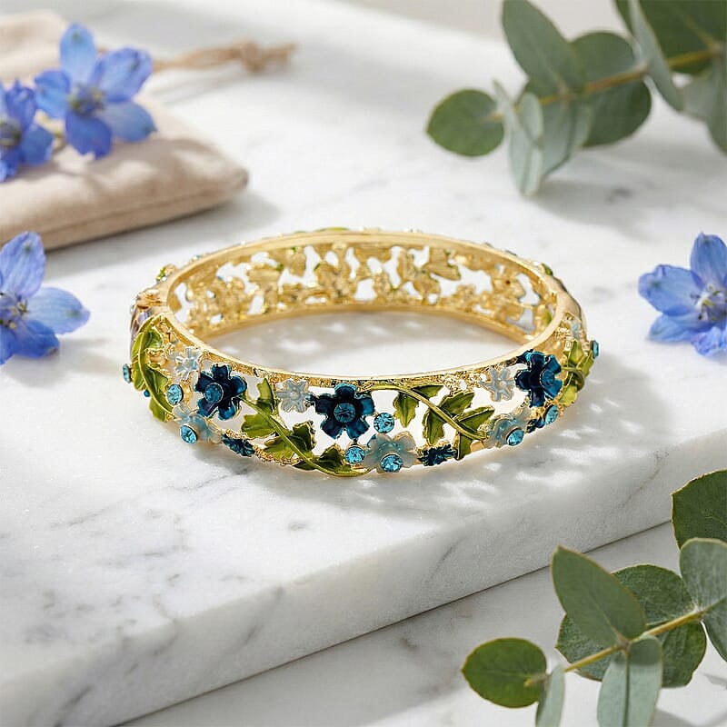 Blue Austrian Crystal, Multi Color Enameled Floral Bangle Bracelet in Goldtone (7-7.5In)