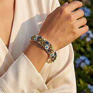 Blue Austrian Crystal, Multi Color Enameled Floral Bangle Bracelet in Goldtone (7-7.5In)  