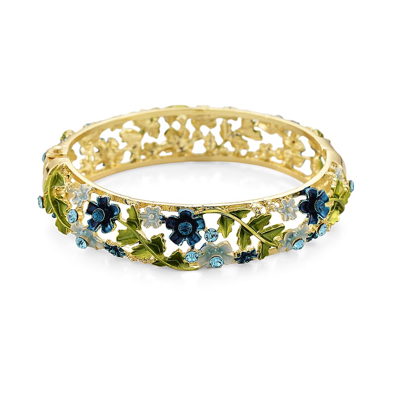 Blue Austrian Crystal, Multi Color Enameled Floral Bangle Bracelet in Goldtone (7-7.5In)