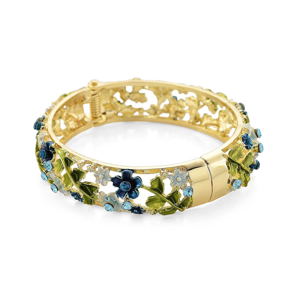 Blue Austrian Crystal, Multi Color Enameled Floral Bangle Bracelet in Goldtone (7-7.5In)   image number 4
