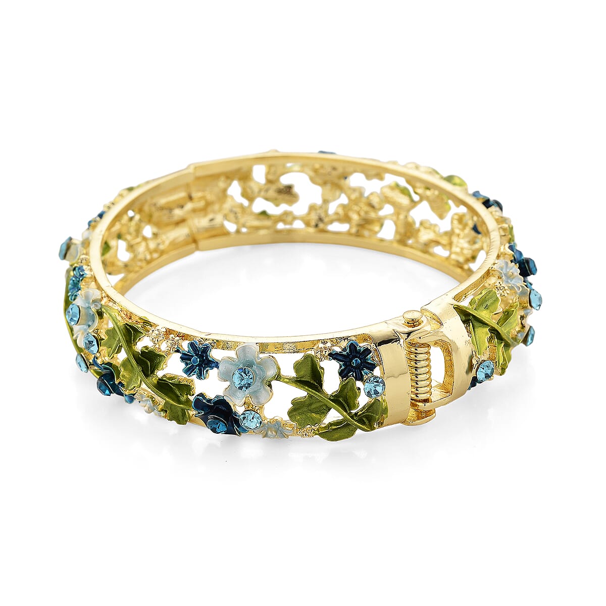 Blue Austrian Crystal, Multi Color Enameled Floral Bangle Bracelet in Goldtone (7-7.5In)   image number 5