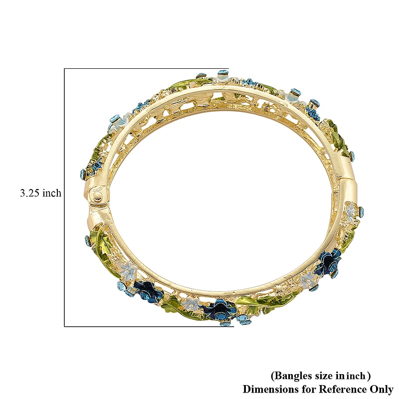 Blue Austrian Crystal, Multi Color Enameled Floral Bangle Bracelet in Goldtone (7-7.5In)