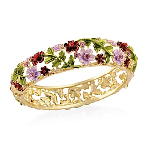 Red and Pink Austrian Crystal, Multi Color Enameled Floral Bangle Bracelet in Goldtone (7-7.5In)  