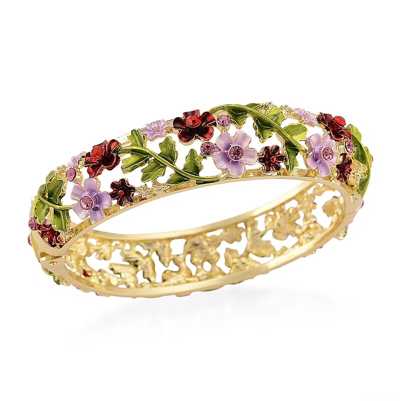 Red and Pink Austrian Crystal, Multi Color Enameled Floral Bangle Bracelet in Goldtone (7-7.5In)