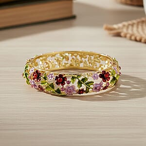 Red and Pink Austrian Crystal, Multi Color Enameled Floral Bangle Bracelet in Goldtone (7-7.5In)  