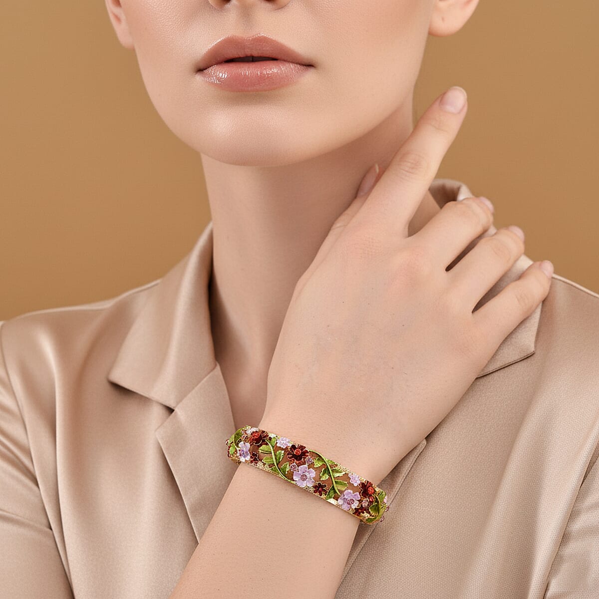 Red and Pink Austrian Crystal, Multi Color Enameled Floral Bangle Bracelet in Goldtone (7-7.5In)   image number 2