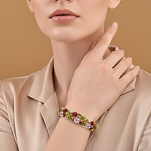 Red and Pink Austrian Crystal, Multi Color Enameled Floral Bangle Bracelet in Goldtone (7-7.5In)  