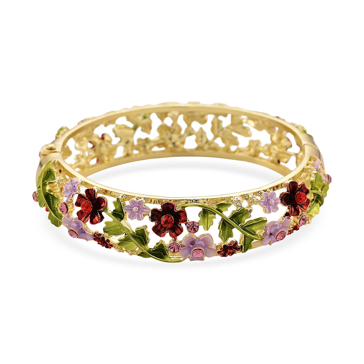 Red and Pink Austrian Crystal, Multi Color Enameled Floral Bangle Bracelet in Goldtone (7-7.5In)   image number 3