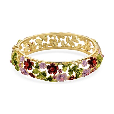 Red and Pink Austrian Crystal, Multi Color Enameled Floral Bangle Bracelet in Goldtone (7-7.5In)