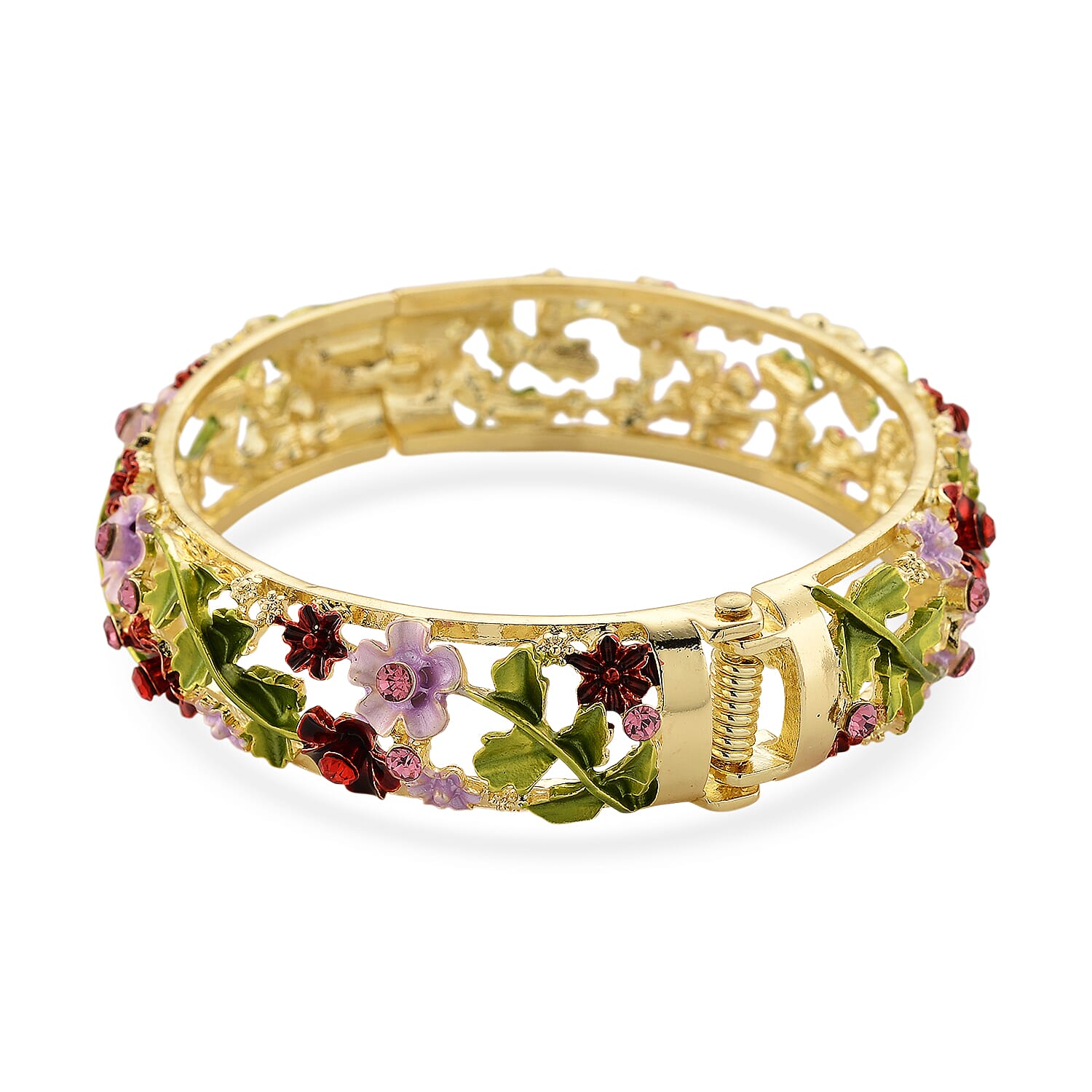 Red and Pink Austrian Crystal, Multi Color Enameled Floral Bangle Bracelet in Goldtone (7-7.5In)