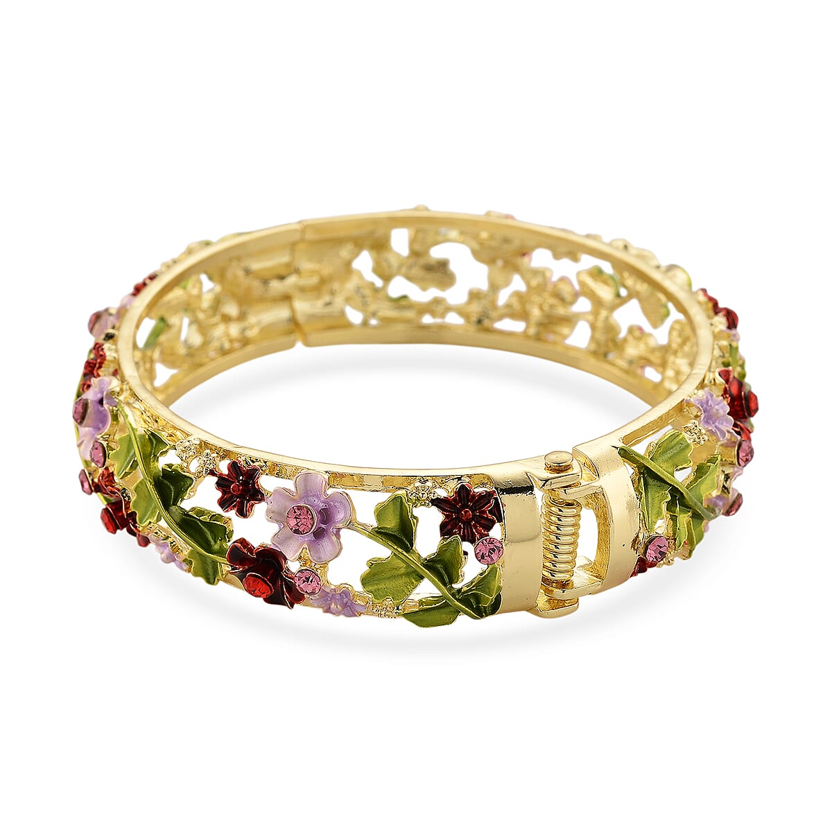 Red and Pink Austrian Crystal, Multi Color Enameled Floral Bangle Bracelet in Goldtone (7-7.5In)   image number 5