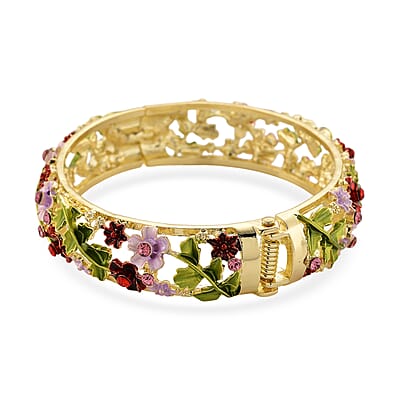 Red and Pink Austrian Crystal, Multi Color Enameled Floral Bangle Bracelet in Goldtone (7-7.5In)