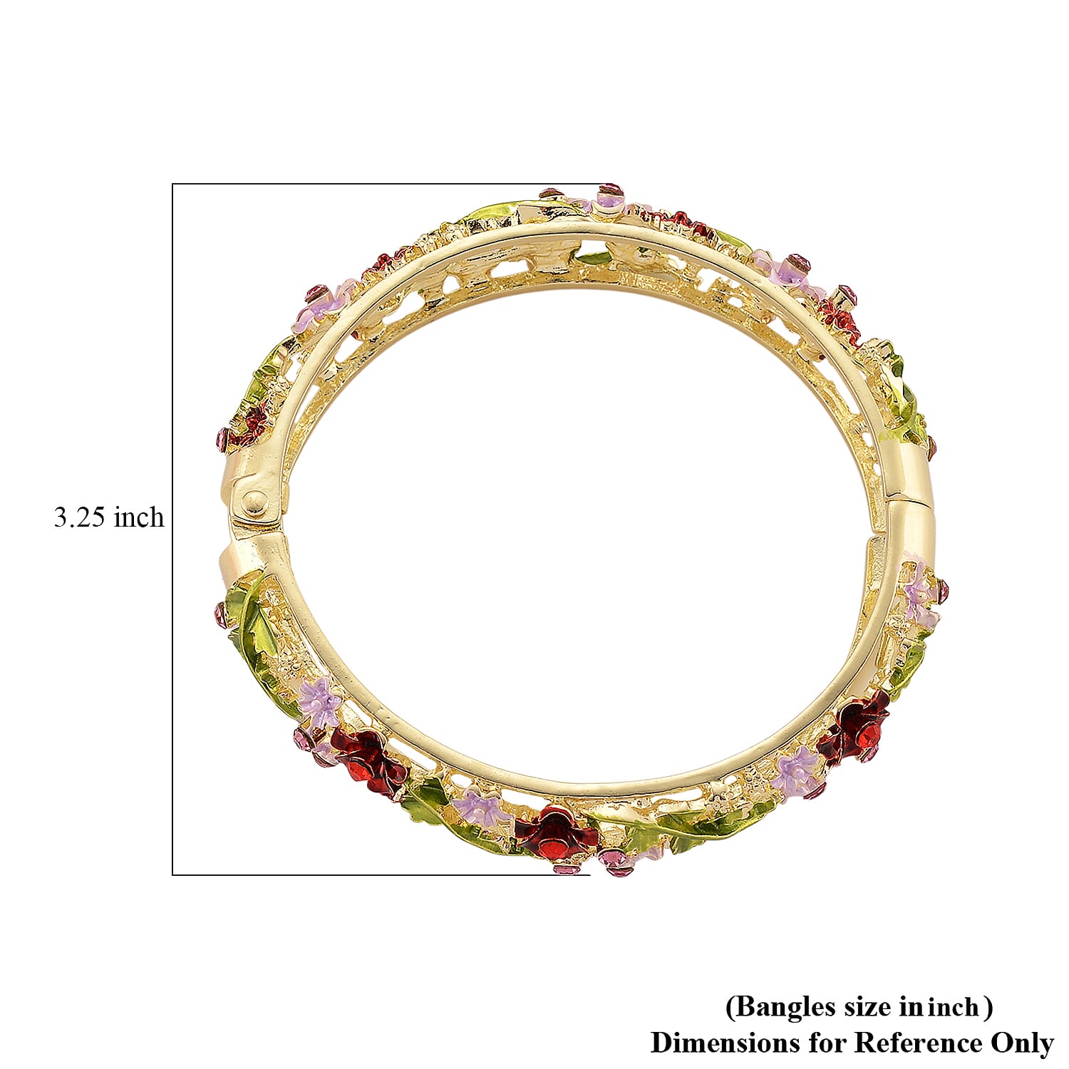 Red and Pink Austrian Crystal, Multi Color Enameled Floral Bangle Bracelet in Goldtone (7-7.5In)