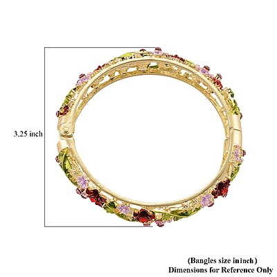 Red and Pink Austrian Crystal, Multi Color Enameled Floral Bangle Bracelet in Goldtone (7-7.5In)